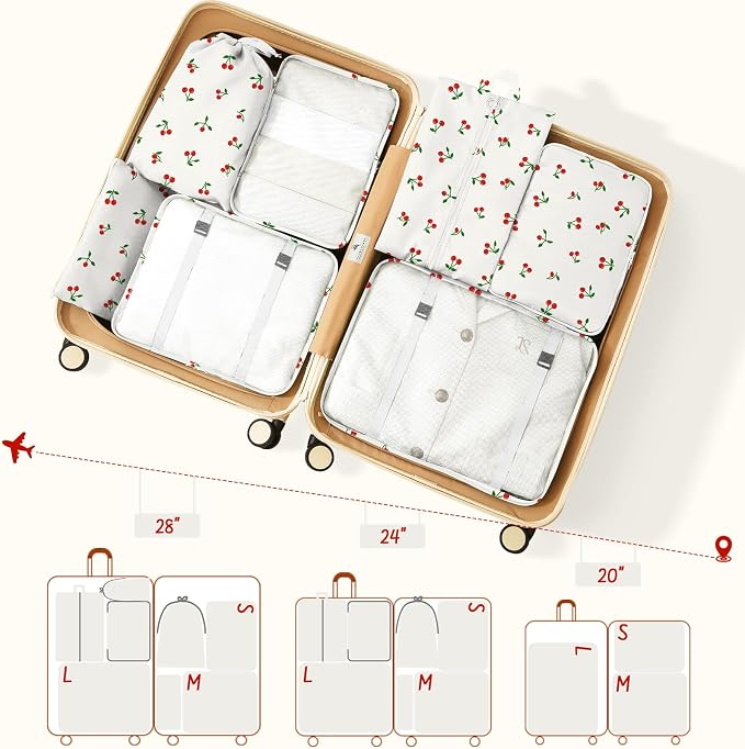 9 Set Packing Cubes for Travel Essentials - Lightweight Carry-On Luggage Organizer Bags with Shoe, Clothes & Laundry Bags for Airplane, Family & Business Travel, White Cherry - Image 3