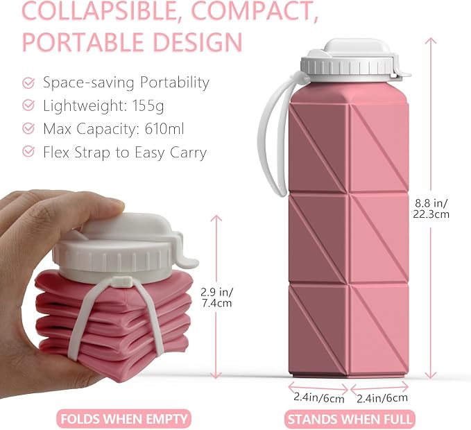 BEAUTAIL Collapsible Water Bottles with Straw 21 oz, Travel Water Bottle | BPA Free, Leakproof & Reusable, Silicone Foldable Water Bottle for Traveling, Hiking, School, Sports, Outdoor, 1-Pack, Pink - Image 4