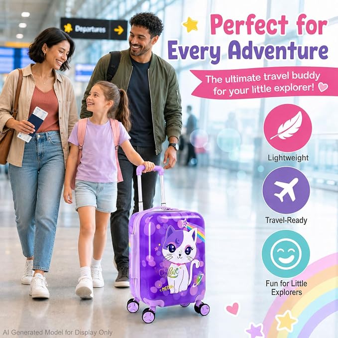 Lightweight Hardshell Spinner Suitcase Set for Kids 2PCS with Wheels - Airplane Approved Carry-On Luggage for Girls& Children Ages 3-10, Purple Cat Rolling Suitcases for Elementary Toddler Travel - Image 2