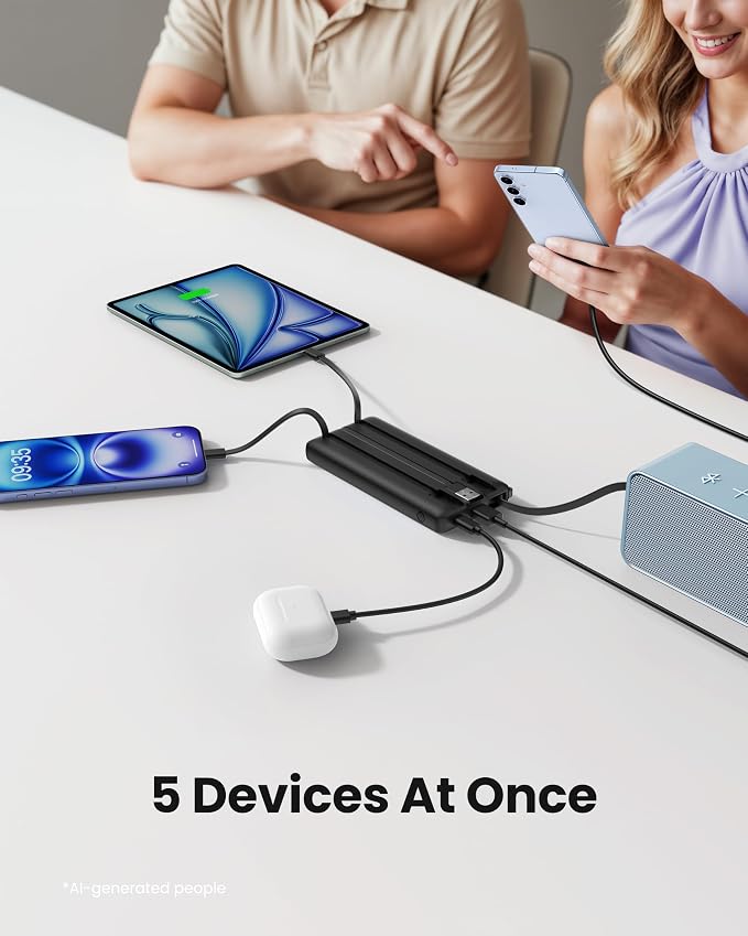 Portable Charger with Built-in Cables, Slim 10000mAh Power Bank with USB C, Travel Essentials External Battery Pack 5 Outputs 2 Inputs LED Display Compatible with iPhone/Android & More(Black) - Image 3