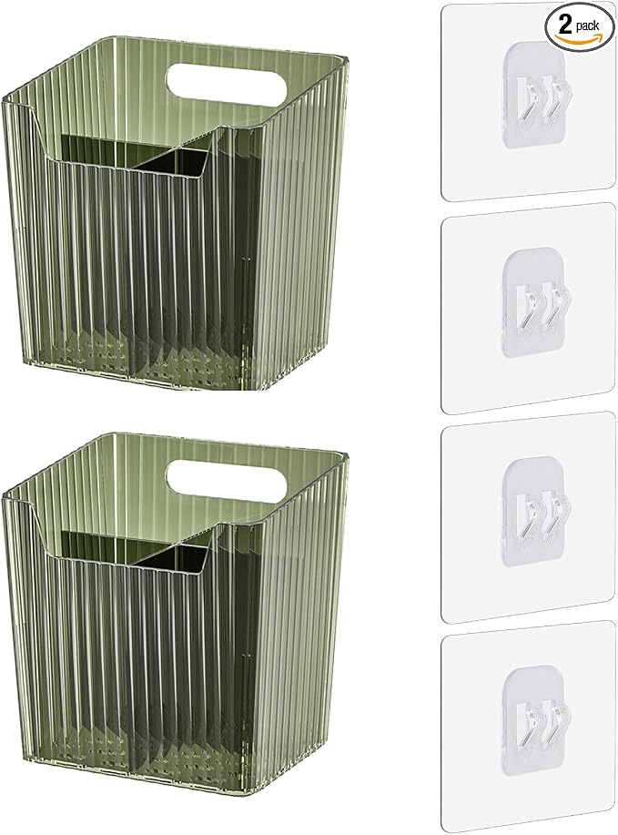 Lae Nuvole 2Pcs Storage Organizer Bins, Wall Mount Toothbrush Holder, Green | with Dividers & 4 Adhesive Pads, No Drill, Renter Friendly, BPA-Free PET; Fits Bathroom, Apartment, RVs, Cabinet/Pantry Door by LaeNuvole