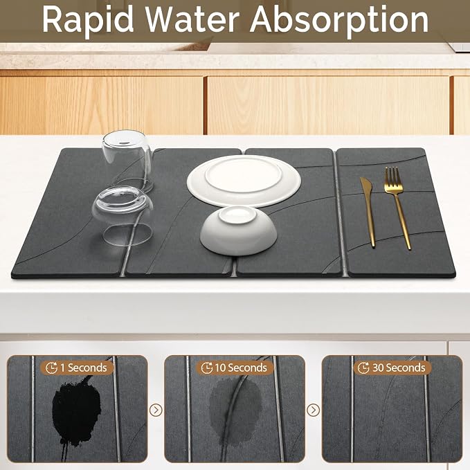 Large Stone Dish Drying Mat for Kitchen Counter, 2 PCS Quick Dry Stone Mats, Foldable Water Absorbing Diatomaceous Earth Drying Dishes Pad for Countertop Bottle Utensil Cup(Carved Gray 24"x16"&8"x4") - Image 3