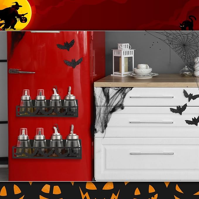 Beeveer 2 Pcs Magnetic Spice Rack for Refrigerator, Black Bat | Halloween Gothic Kitchen Decor, Spooky Home Accessories, 2 Sizes Metal Storage Shelf for Fridge Spices, No Drilling - Image 5