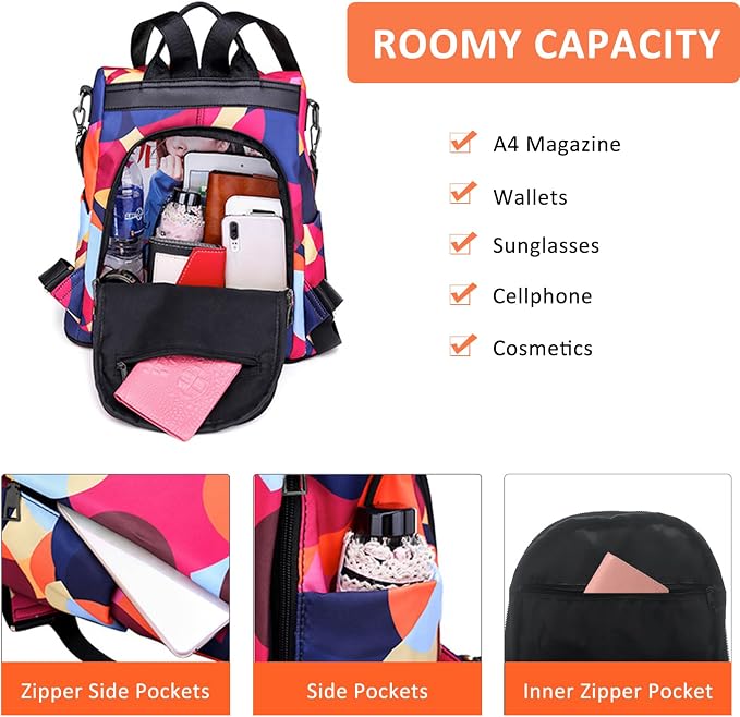 Backpack for Women Anti Theft Back Pack Purse Waterproof Nylon Backpack for College Bookbag Fashion Travel Shoulder Bag Colorful Polka Dots | Hidden Back Zipper Opening, Compact Travel Size, Waterproof Nylon, Daypack for College Work, Colorful Polka Do... - Image 4