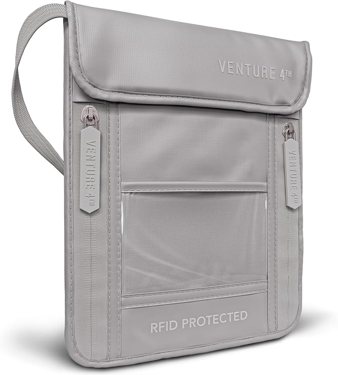 VENTURE 4TH Travel Neck Wallet, RFID Blocking Passport Holder -Sleek Silver by VENTURE4TH