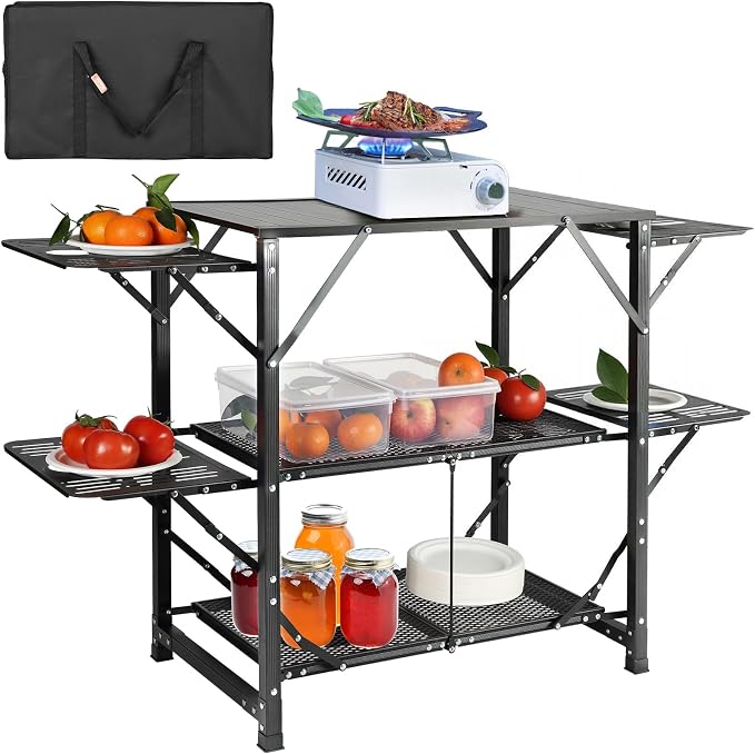 VEVOR Camping Kitchen Table, Aluminum Folding Portable Outdoor Cook Station with 4 Iron Side, 2 Shelves & Carrying Bag, Quick Installation for Picnic BBQ Beach Traveling by VEVOR