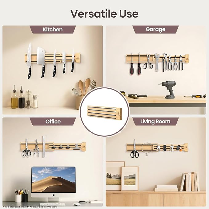Extendable Magnetic Knife Holder for Wall, 16-32 Inch Adjustable | Rubber Wood Knife Block, Kitchen Utensil Holder, Magnetic Tool Holder, Double Magnetic Strips, 4 Hooks Included, Ideal Gift - Image 6