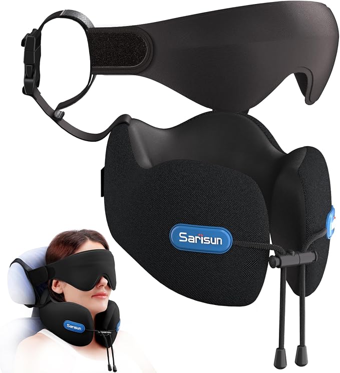 SARISUN Travel Neck Pillow for Airplane with Head Support Strap and 3D Eye Mask, Dual Density Foam Neck Support Airplane Travel Pillow for Long Flights/Car Road Trips/Office Naps, Black by SARISUN