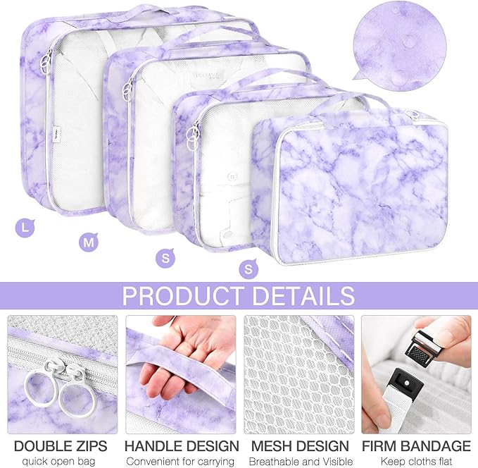 8 Set Packing Cubes for Travel, Luggage Packing Organizers Accessories Large Toiletries Bag for Clothes Shoes Cosmetics (8Set-Purple Marble) - Image 3