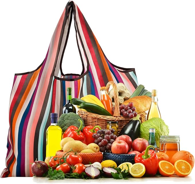 Reusable Grocery Bag 2 Packs Large Washable | Foldable Eco Friendly Nylon Heavy Duty Fits in Pocket Shopping Tote Bag (New Rainbow) - Image 5