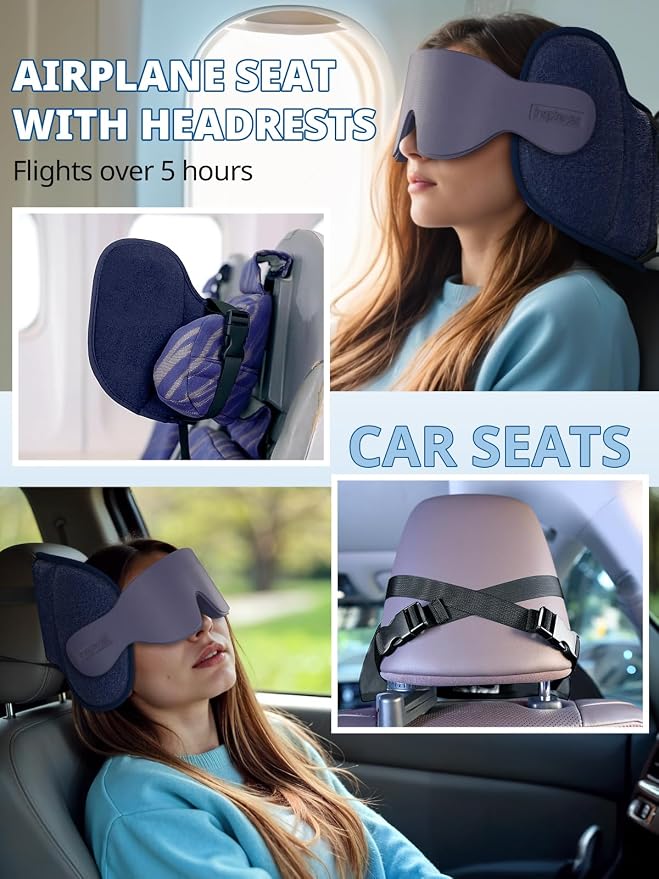 Travel Pillow fit Various Heights, Aiplane Sleep Stable Support | Seat Strap System, 360° Headrest Airplane Pillow for Long Flight, Stop Bobblehead, 3D Eye Mask, Travel Essential, Grey - Image 6