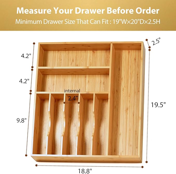 Large Kitchen Drawer Organizer, 19"x20" Silverware Utensils Organizer, 2.5" High for Large Deep Drawers, Bamboo Flatware Holder with Thick Frames, Sturdy Kitchen Organization Tray - Image 5