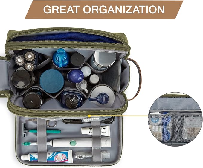 BAGSMART Toiletry Bag for Men, Canvas Travel Toiletry Organizer Dopp Kit Water-resistant Shaving Bag for Toiletries Accessories,Green-Large - Image 2