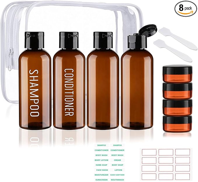 Travel Bottles for Toiletries 8 Pack Brown Pre-print Bottles | 3.4oz TSA Approved, Leak Proof, 0.35oz Small Cream Jars, For Shampoo Conditioner Body Wash by wowang