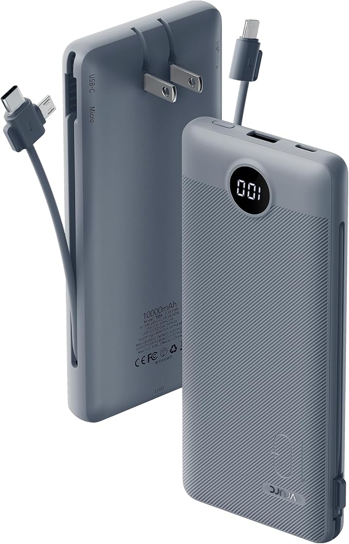 VRURC Portable Charger Built-in Cables and AC Wall Plug, USB C Power Bank 10000mAh, Travel Battery Portable Phone Charger Compact Lightweight External Battery Pack for Smart Phones, Tablets etc-Grey by Home