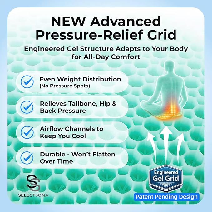 Gel Seat Cushion for Long Sitting, Pressure Relief for Sciatica, Tailbone, Coccyx & Back Pain, Office Chair, Wheelchair, Car & Truck – Standard Size Mint Green Gel - Image 2