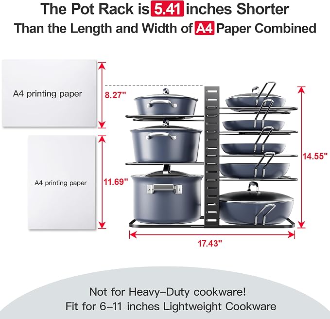 Pots and Pans Organizer Under Cabinet 14.6", 8-Tier Adjustable Rack | 3 DIY Modes, Tool-Free Assembly, Fits 6–11" Lightweight Cookware, For Kitchen Cabinets, Shelves & Countertops Pot Organizer - Image 2