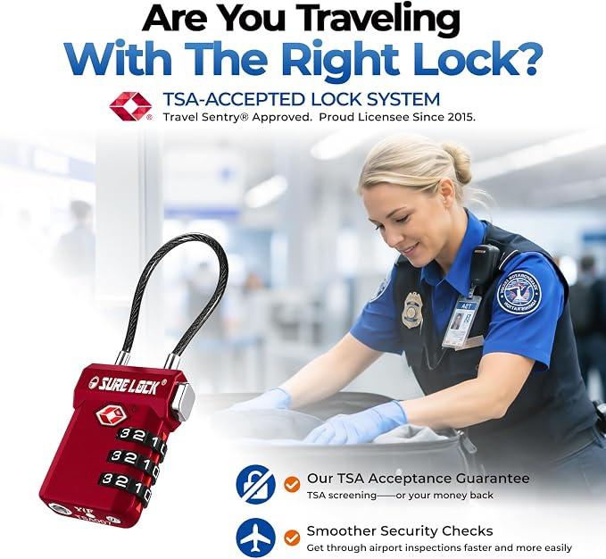 SURE LOCK TSA Approved Luggage Locks with Open Alert Indicator, 3 Digit Combination Cable Travel Lock for Suitcase, Backpack, Gym Locker, Toolbox, Carry On & Travel Bag - Image 3