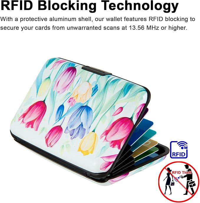 Credit Card Holder for Women Men RFID Blocking Wallet Small Business Metal Slim Mini Aluminum Hard Case (Watercolor Tulips) - Image 3