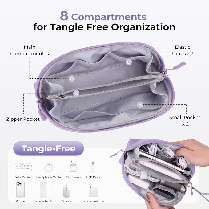 FYY Travel Cable Organizer - 8 Compartments, Lightweight, Water Repellent | With Wrist Strap, Portable Tech Pouch for Cord Charger, Travel and Business Trips Use, Soft Shell Nylon, Purple (Small) - Image 4