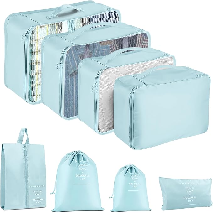 Packing Cubes for Travel- 8 Set Luggage Organizer Bags for Family, Mesh Breathable Travel Packing Cubes for Suitcases Durable Travel Essentials Bags Set (Blue, 8 Set) by YEEYAA