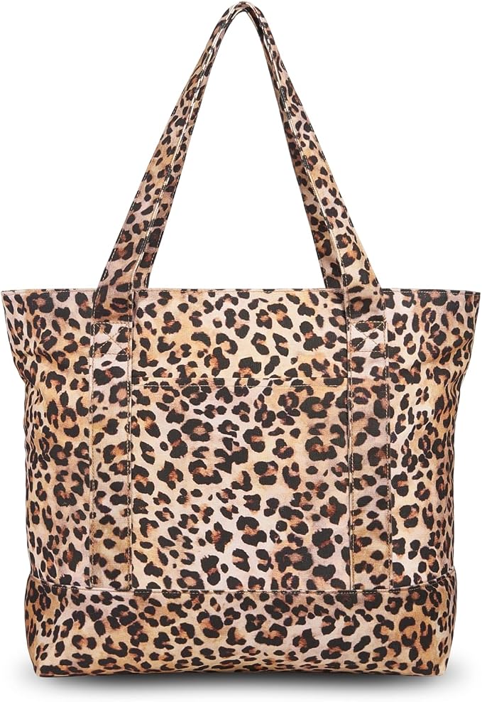 TOPDesign 1-Pack Canvas Tote Bag with an External Pocket, Reusable Grocery Shopping Bag, Top Zipper Closure, Daily Essentials (Leopard) by TOPDesign