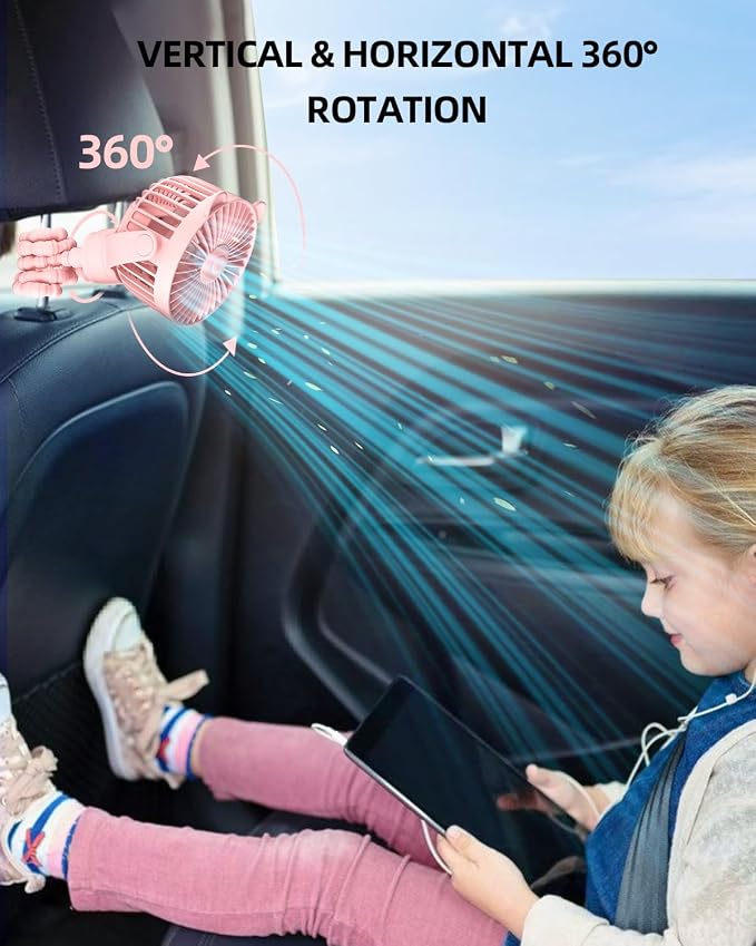 buywoo Portable Stroller Mini Fan, Small Rechargeable Personal Cooler w/ 360° Rotation, Baby Essentials for Car Seat, Crib, Bike, Treadmill, 3-Speed Battery Powered Stroller Accessories, Pink - Image 5