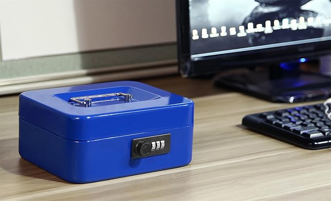 Jssmst Medium Cash Box with Combination Lock-Durable Metal Cash Box with Money Tray Blue, 7.87 x 6.3 x 3.35 inches, CB0702M - Image 4