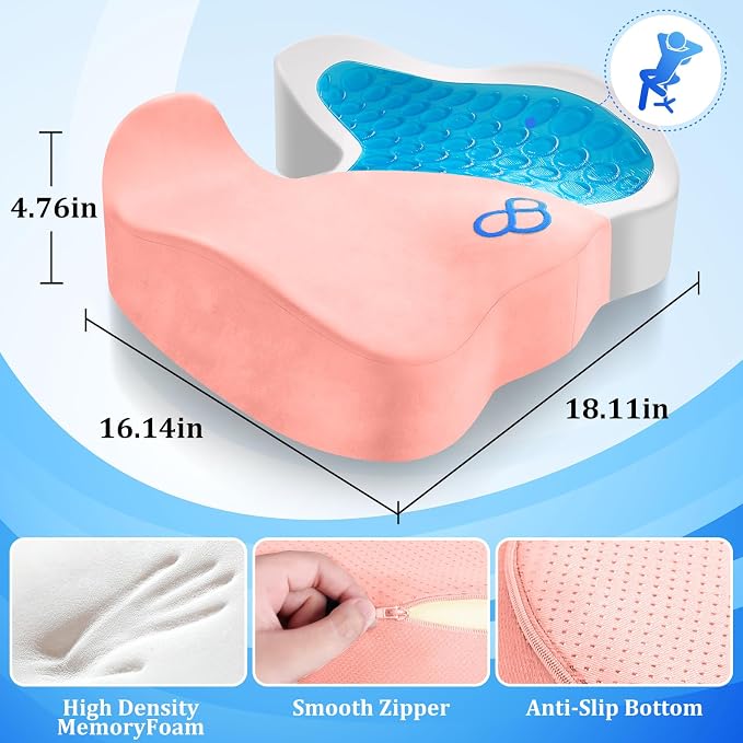 CushyOasis Seat Cushion, Gel Memory Foam Office Chair Cushions, (Pink) | Anti-Slip Back & Removable Cover, Ergonomic Tailbone Support Seat Cushion, Memory Foam Seat Cushion for Office - Image 5