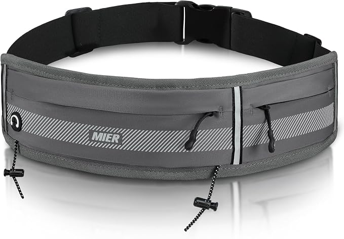 MIER Running Belt for Women & Men, Fanny Pack with Marathon Bib Clip, Gray | Slim Adjustable Phone Holder Pouch; Reflective Waist Packs for Running Essentials; Waterproof Zipper Pockets by MIER