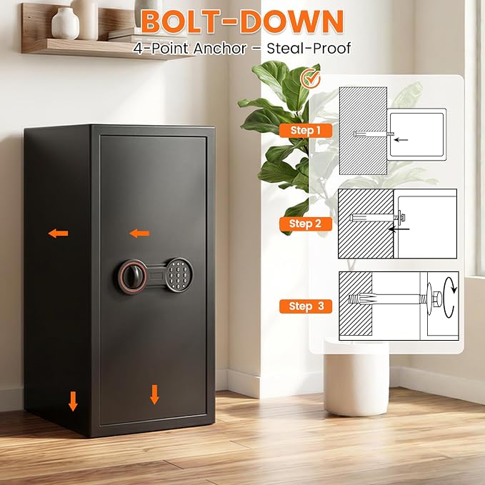 8.0 Cub Large Home Safe Box with Inner Lock Box, 31.5"H Slim Design | 50LBS Heavy Duty Steel, Alarm System, LED Light, Removable Shelves, Wall/Floor Mountable for Home Business Office - Image 7