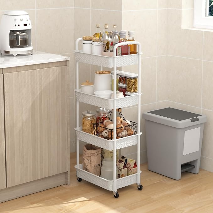 MOYIPIN 4-Tier Plastic Rolling Utility Cart with Handle,White | Utility Storage Cart for Office, Living Room, Kitchen,Movable Storage Organizer，Easy installation，Rattan-like art design - Image 6