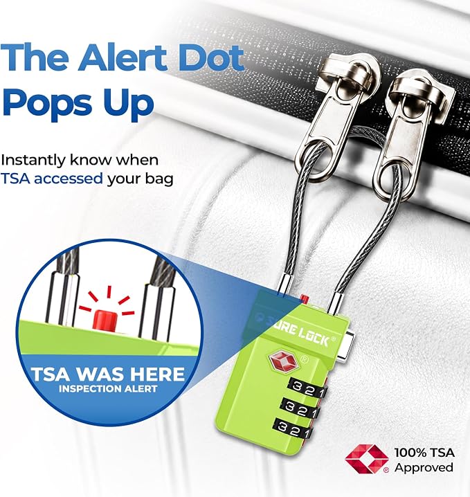 SURE LOCK TSA Approved Luggage Locks with Open Alert Indicator, 3 Digit Combination Cable Travel Lock for Suitcase, Backpack, Gym Locker, Toolbox, Carry On & Travel Bag - Image 3