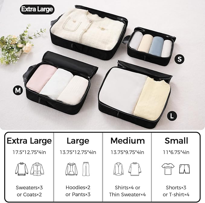 BAGAIL 4 Set/6 Set/8 Set Compression Packing Cubes Travel Accessories Expandable Packing Organizers (Cloth Pattern, 4-Black) - Image 2