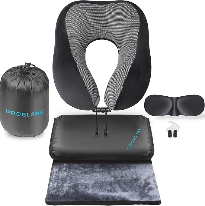 Travel Blanket Luxury Travel Set - Ergonomic Airplane Neck Pillow 100% Pure Memory Foam and Super Soft Fleece Blanket - Premium 3D Sleep Mask & Earplugs - Ultimate 4-in-1 Traveling Kit Black by ProGlobe