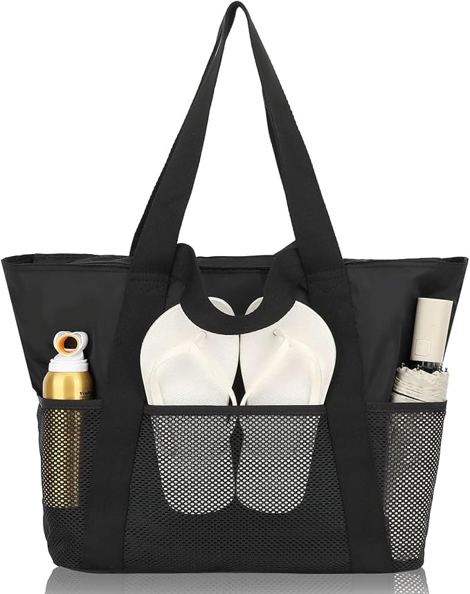 Fammart Mesh Beach Bag for Women, Large Beach Toy Pool Bag with Zipper Pocket, SandProof Cruise Essentials 2026 Family Travel by Fammart