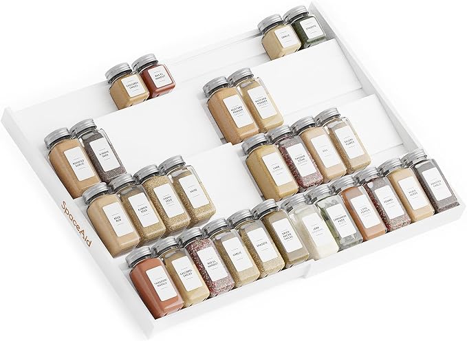 SpaceAid Bamboo White Spice Drawer Organizer, (Need 3" Deep Drawer) Expandable 4 Tier Spices Rack for Cabinet, Kitchen Seasoning Storage Insert (Jars Not Included, From 12" to 23" Wide) by SpaceAid