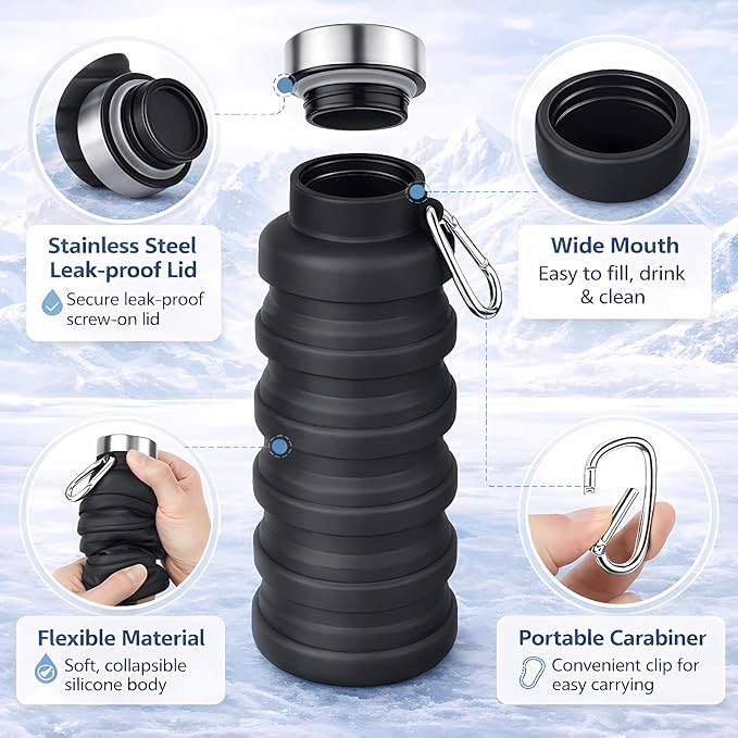 Collapsible Water Bottles,16oz Capacity Portable Reusable Silicone Water Bottle,Leak-proof,with buckle,foldable storage,Lightweight Durable for Fitness,Cycling,Sports,Camping,Hiking(Black+Dark Green) - Image 4