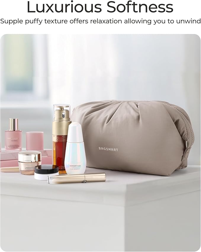 BAGSMART Makeup Bag Travel Makeup Bag, Cute Make Up Bag, Large Capacity Cosmetic Bags for Women, Wide-open Makeup Pouch Travel Essentials Toiletries Accessories Brushes (Camel) - Image 2