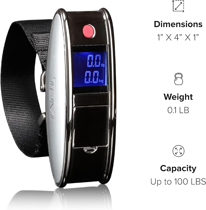 TUMI Scale - Portable, Handheld Digital Luggage Scale - Suitcase Scale Weighs Pounds & Kilograms - Holds up to 100 Lb - Gun Metal/Black - Image 7