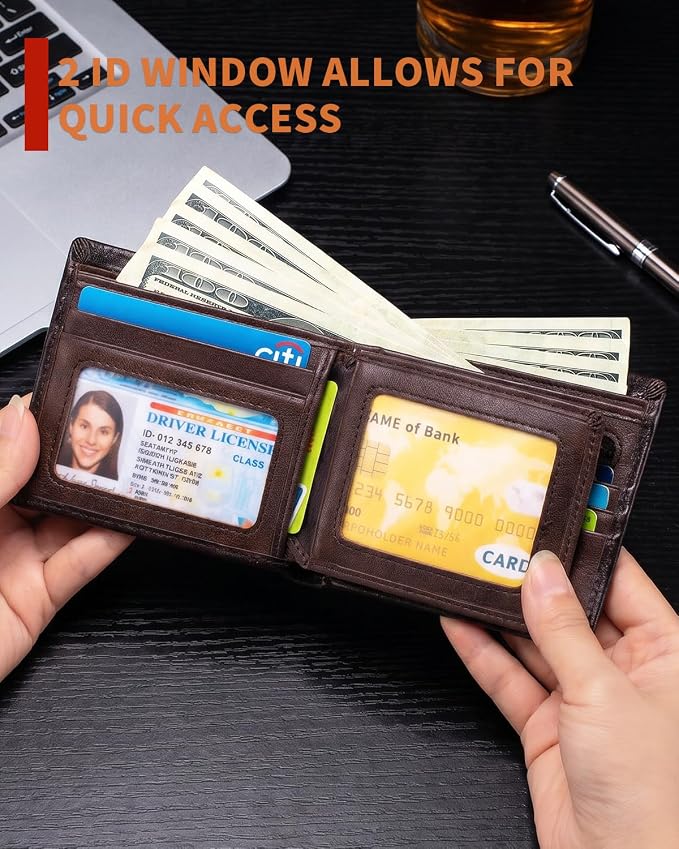 Men's Cowhide Leather RFID Wallet, Slim Bifold (Dark brown) | 2 Clear ID Windows, 10 Card Slots, Zipper Coin Pocket, Gradient Finish for Business, Travel, Daily Carry and Gifts - Image 4