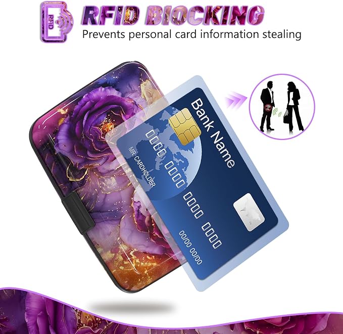 Credit Card Holder, Business Card Case Mini RFID Small Aluminum Card Wallet | Blocking Slim Metal RFID Blocking Front Pocket Wallet Hard Case Durable CC Holder for Women Girl, Purple Marble Flower - Image 2