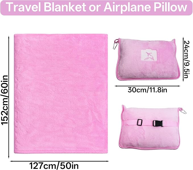 Travel Blanket and Pillow, Ultra-Soft, Compact & Lightweight, 60x50 in, Airplane Travel Essentials with Hand Luggage Sleeve and Backpack Clip, for Travel & Picnic (Pink) - Image 2