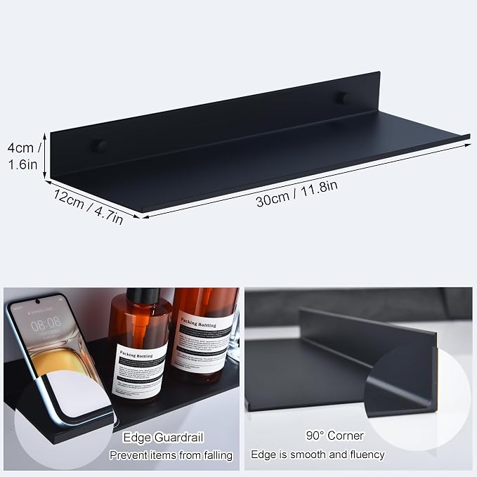 HNVNER Adhesive Shower Caddy Shelves 30cm, Metal Bathroom Wall Shelf | Black Floating Shelves 2 Pack, Renter-friendly, Drill/No Drill, Aerospace Aluminum, Rustproof & Waterproof, Supports 5kg - Image 3