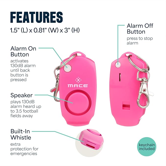 Mace Personal Safety Alarm - Loud 130db Siren, Built in Emergency Whistle, Easy On/Off Push Button Activation, Batteries Included, Personal Alarm for Women & Men - Neon Pink - Image 9