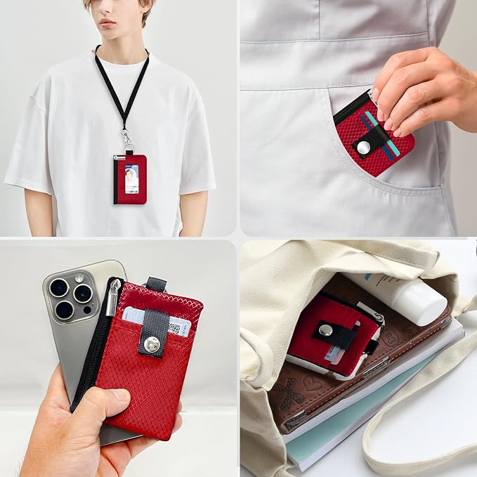 Minimalist RFID Blocking Small Wallet with ID Window,WaterResistant Zip Id Case Wallet with Lanyard Keychain for Cards,Cash,Travel,Women,Men (Red) - Image 9