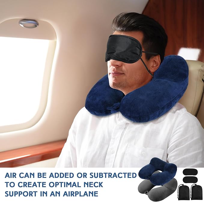 Sintuff 2 Pack Inflatable Travel Pillow for Airplanes Inflatable Neck Flight Pillows with Compact Bag and Blindfold for Traveling, Airplane, Train, Car, Office(Blue and Dark Gray) - Image 4