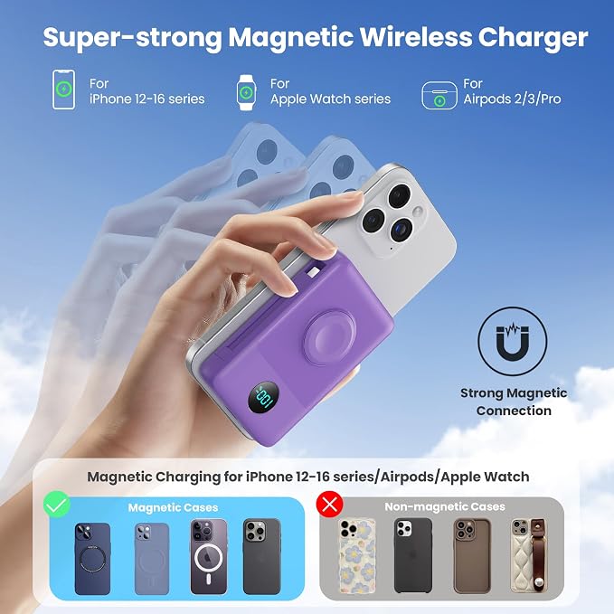 Magnetic Portable Charger 10800mAh with Built-in Cables,Wireless Power Bank for Magsafe,25W PD Fast Charging USB-C Travel Essentials Battery Pack for iPhone 17/16/15/14/13/12 Series,Apple Watch-Purple - Image 5