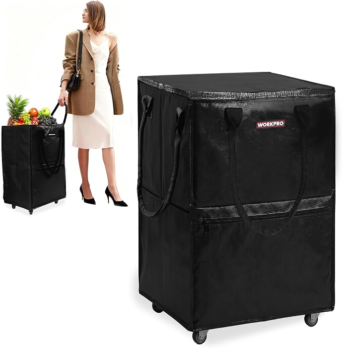 WORKPRO Large Rolling Grocery Bag, 36-Gallon Rolling Tote with 5 Wheels | Reusable Grocery Bag on Wheels, Holds Up to 110 lbs, Heavy Duty Rolling Tote for Groceries, Laundry, Moving & Storage by WORKPRO