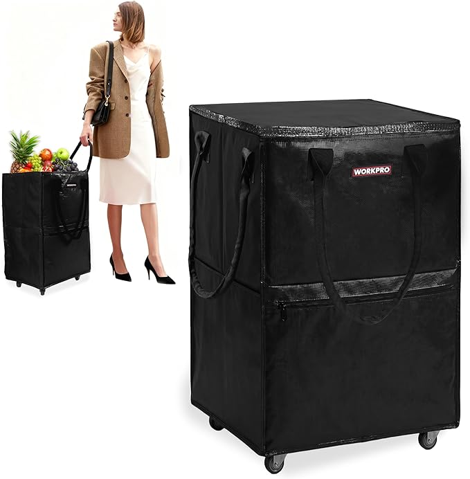 WORKPRO Medium Rolling Grocery Bag, 18-Gallon Shopping Tote with 4 Wheels | Reusable Grocery Bag on Wheels, Holds Up to 75 lbs, Heavy Duty Rolling Tote for Groceries, Laundry, Moving & Storage by WORKPRO